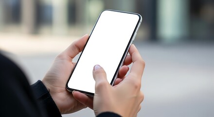 Woman hand holding using touch mobile phone white screen mockup Back view
