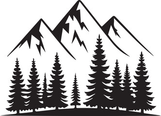 Obraz premium Minimal black silhouette of mountains and pine trees with clean geometric shapes, no gradients, simple modern vector design on a pure white background