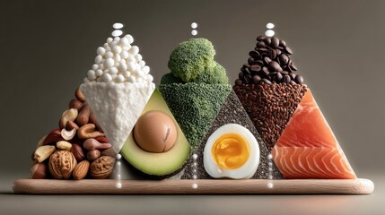 A visually appealing food pyramid showcasing a variety of healthy ingredients arranged in triangular sections.