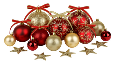 Shiny red and gold Christmas baubles and holiday decorations isolated on white for the winter season