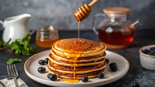 Golden Pancakes Delight: A stack of fluffy pancakes is drizzled with glistening honey, complemented by fresh blueberries and mint leaves, a testament to the art of culinary perfection.