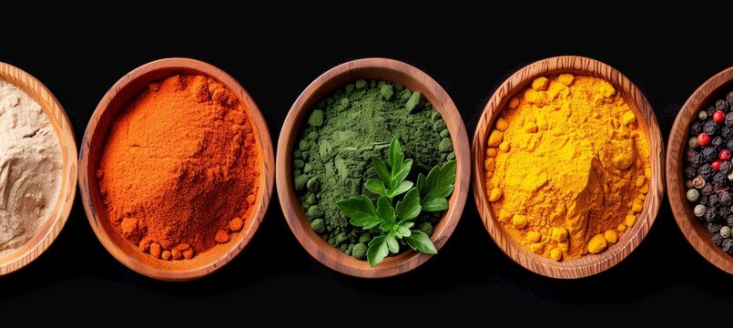 Vibrant spices in wooden bowls  a top down view of culinary colorfulness on rustic surface