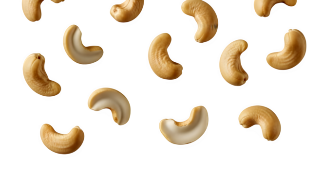A macro closeup of a group of roasted coffee beans and organic cashew nuts isolated on a white background