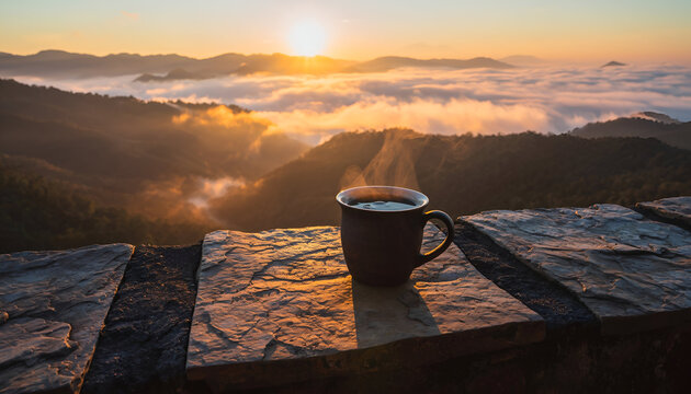 Steaming Cup of Coffee Overlooking Misty Mountains at Sunrise Golden Hour Warm Light Illuminating the Scenic Landscape