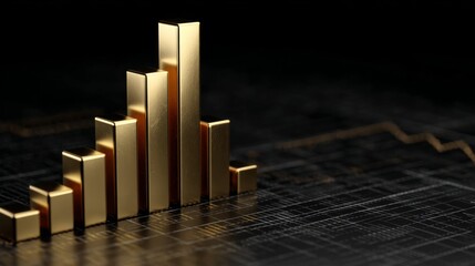 Golden bar graph on a dark background representing financial growth and data analysis in a modern business environment for stock photo usage