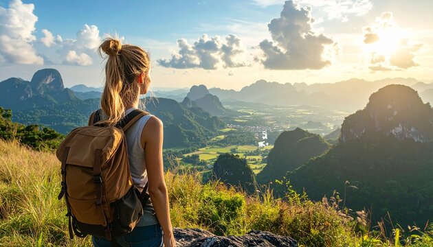 Traveler reaching the mountain peak gazes at a scenic top view that celebrates the spirit of travel, outdoor tourism, and breathtaking natural beauty.