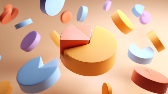 Colorful 3D Pie Charts and Graphical Elements Floating in Air, Symbolizing Data Analysis and Business Insights with Soft Pastel Background