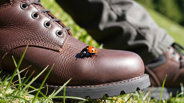 Closeup of Leather Boot with Ladybug on Grass.