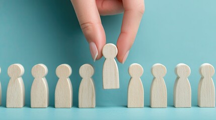 Hand Selecting Wooden Figurines on Blue Background for Conceptual Use