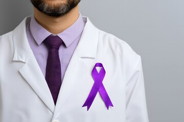 Doctor wearing purple awareness ribbon symbolizing pancreatic cancer support in clean clinical setting with focused professional detail. Health concept