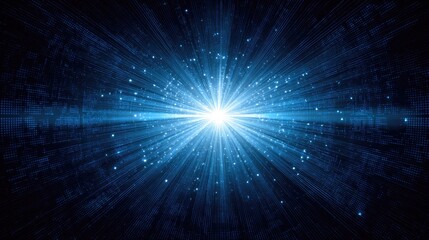 Bright Blue Light Burst in Dark Background with Digital Elements