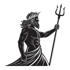 Black greek mythic sea god poseidon Silhouette Vector, High Quality Illustration on White Background