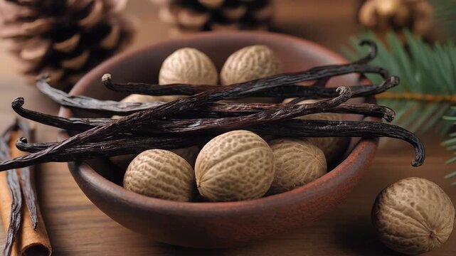 Closeup of a rustic bowl filled with aromatic vanilla beans and whole nutmeg surrounded by pine cones and evergreen branches evoking a cozy holiday atmosphere.