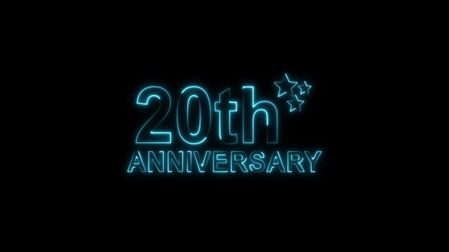 Celebrate 20th anniversary with glowing pink neon text and sparkling stars on a black backdrop, perfect for invitations, cards, and social media posts, evoking joy and milestone achievement