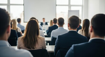 Back View of Conference Participants Listening to Presentation in Conference Room with Speaker Presenting Information in Educational Corporate Setting