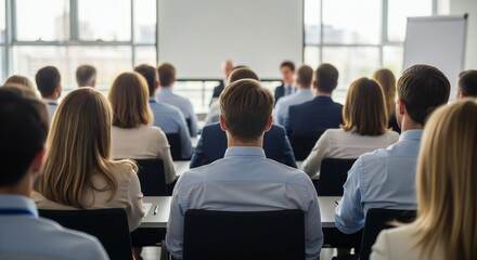 Back View of Business People in Conference Room at Corporate Meeting with Presentation Screen Attendees Listening to Public Speaker During Seminar Event