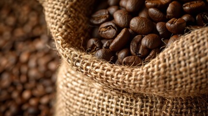 Close up of coffee beans in a burlap sack capturing the rustic cafe vibe and natural textures