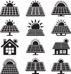Solar panel and sun icons set