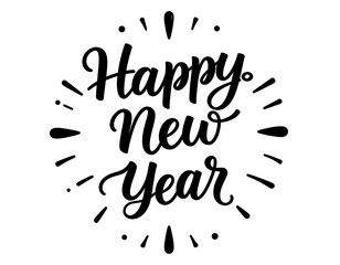 Bold black script greeting, radiating lines and dots, celebrating a fresh start