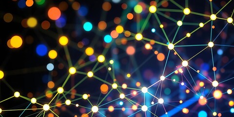 Abstract digital network nodes glowing and connecting, digital signal processing, communication