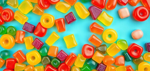 Assorted colorful gummy candies arranged in a vibrant, playful vector set, clipart, sugary