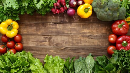Bird s eye view of a rustic wooden table displaying vibrant organic ingredients in natural textures