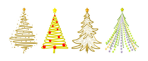 Set of four stylized golden and sparkling Christmas tree vector illustrations for holiday cards, winter design, and New Year decoration.