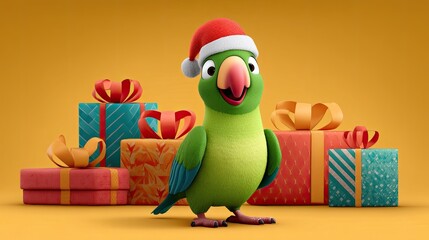 Fototapeta premium Cheerful Parrot Wearing Santa Hat with Colorful Gift Boxes Background