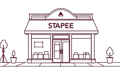 Obraz premium Simple line drawing of a storefront building with a sign, building facade, trade