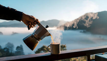 Hand Pouring Hot Coffee From Moka Pot Into Ceramic Mug With Steam Rising On A Misty Mountain Balcony Sunrise Golden Hour Morning Light