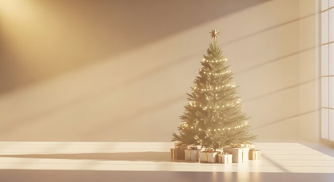 Decorated Christmas tree with gold star ornaments in a room for a festive winter holiday celebration
