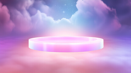 Dreamy Holographic Podium on Ethereal Pastel Clouds with Sparkling Sky. Product display stage for magic, fantasy, or cosmetic presentation.
