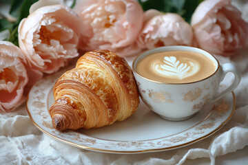 Chic Tabletop Still Life with Croissant and Peonies