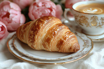 Chic Tabletop Still Life with Croissant and Peonies