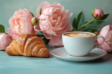 High-End Breakfast Flatlay Featuring White Card and Coffee