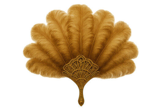 Feather hand fan showcasing art deco style ornamentation with a golden color, featuring soft plumes on a transparent background
