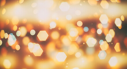 Abstract golden background with hexagonal bokeh lights. Defocused festive lights texture for Christmas or holiday design