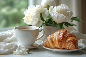 Elegant Morning Scene with Luxury Postcard and Peonies
