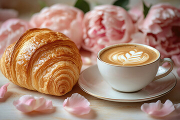 Chic Tabletop Still Life with Croissant and Peonies