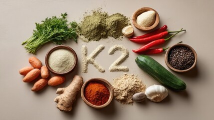 Colorful Food Ingredients Arranged Artistically on a Neutral Surface