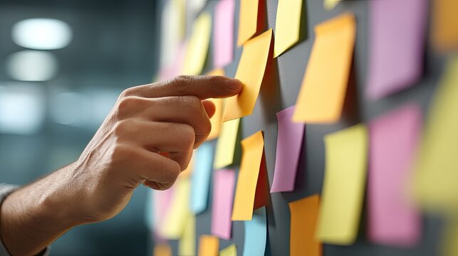 Person Organizing Colorful Sticky Notes on a Board in Office