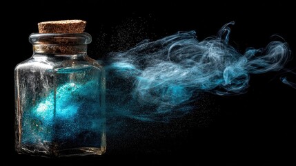 Glass Jar Filled with Blue Glittery Particles and Smoke Effects