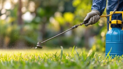Person Spraying Pesticide on Grass with Professional Equipment Outdoors
