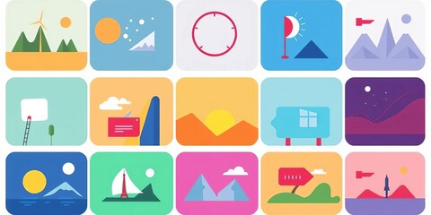 Modern, minimalist flat icon set, diverse themes, vibrant color palette,  phone,  music