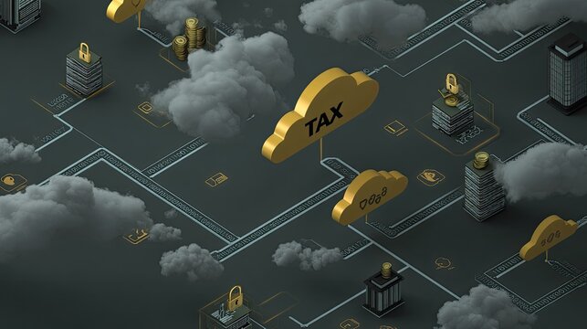 Digital Tax Concept with Clouds, Coins, and Secure Data Visualization