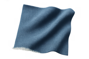 Blue wavy fabric swatch with fringe on a transparent background, soft wool textile material with subtle creases