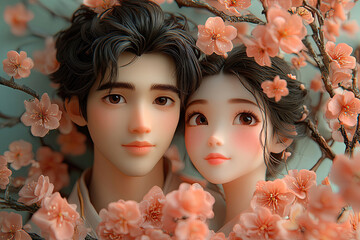 Two Dreamers Surrounded by Blossoms in Green Light