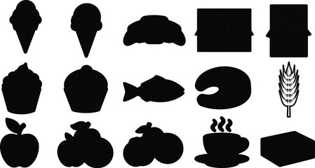 Food and bakery silhouette icons, ice cream, croissant, cupcake, fish, steak, wheat, apple, fruit, coffee, and packaging, vector illustration.
