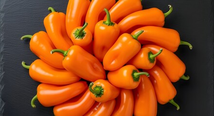 A vibrant circular arrangement of fresh organic orange mini sweet peppers on a dark slate background, ideal for healthy eating concepts