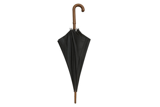 Black closed umbrella with a curved wooden handle providing elegant protection from rain, transparent background